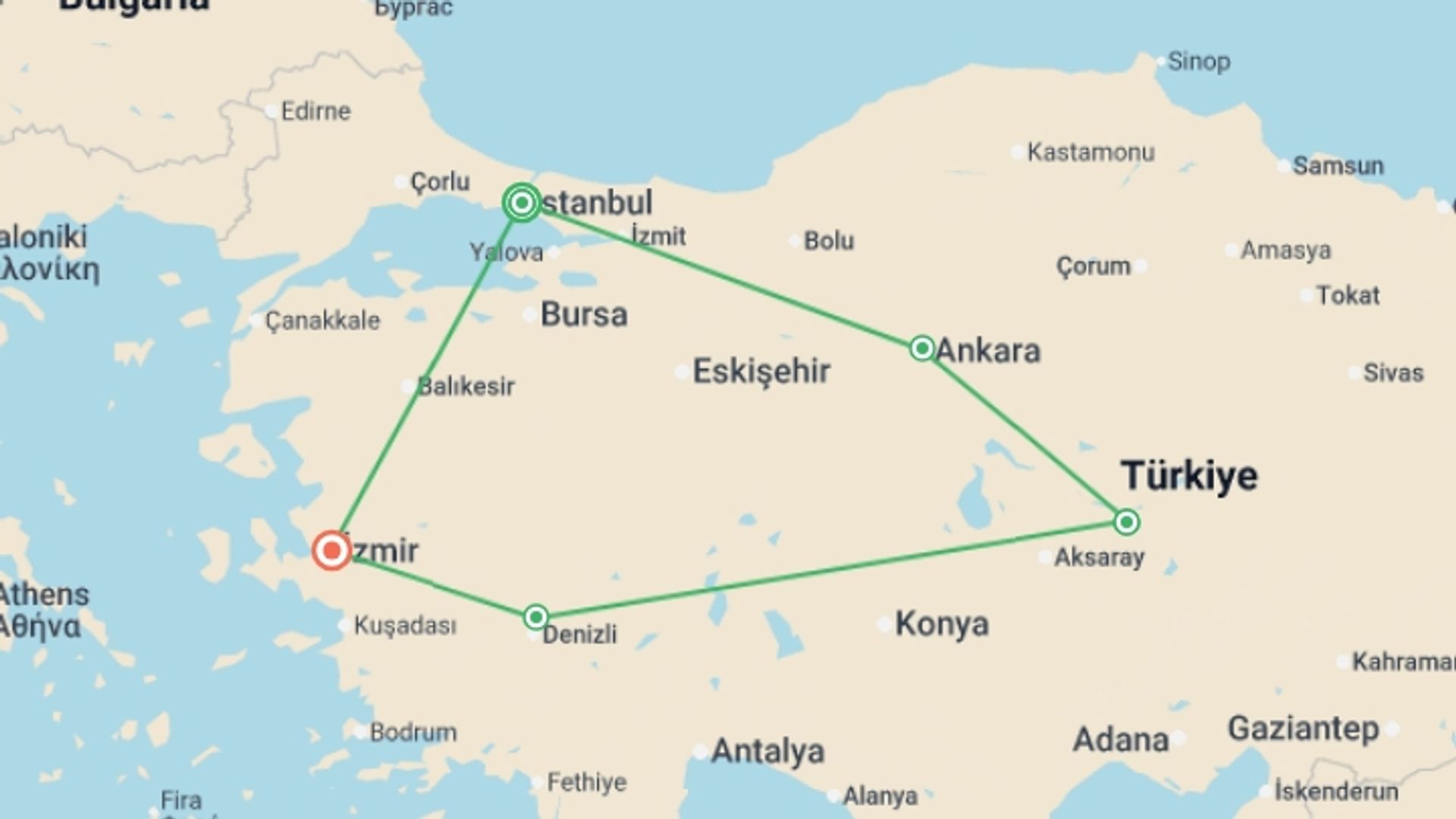 A map showing the tour itinerary for the trip: Istanbul to Cappadocia & Izmir - 9 days , starting in Istanbul, Turkey and ending in Izmir, Turkey going through 3 other destinations.