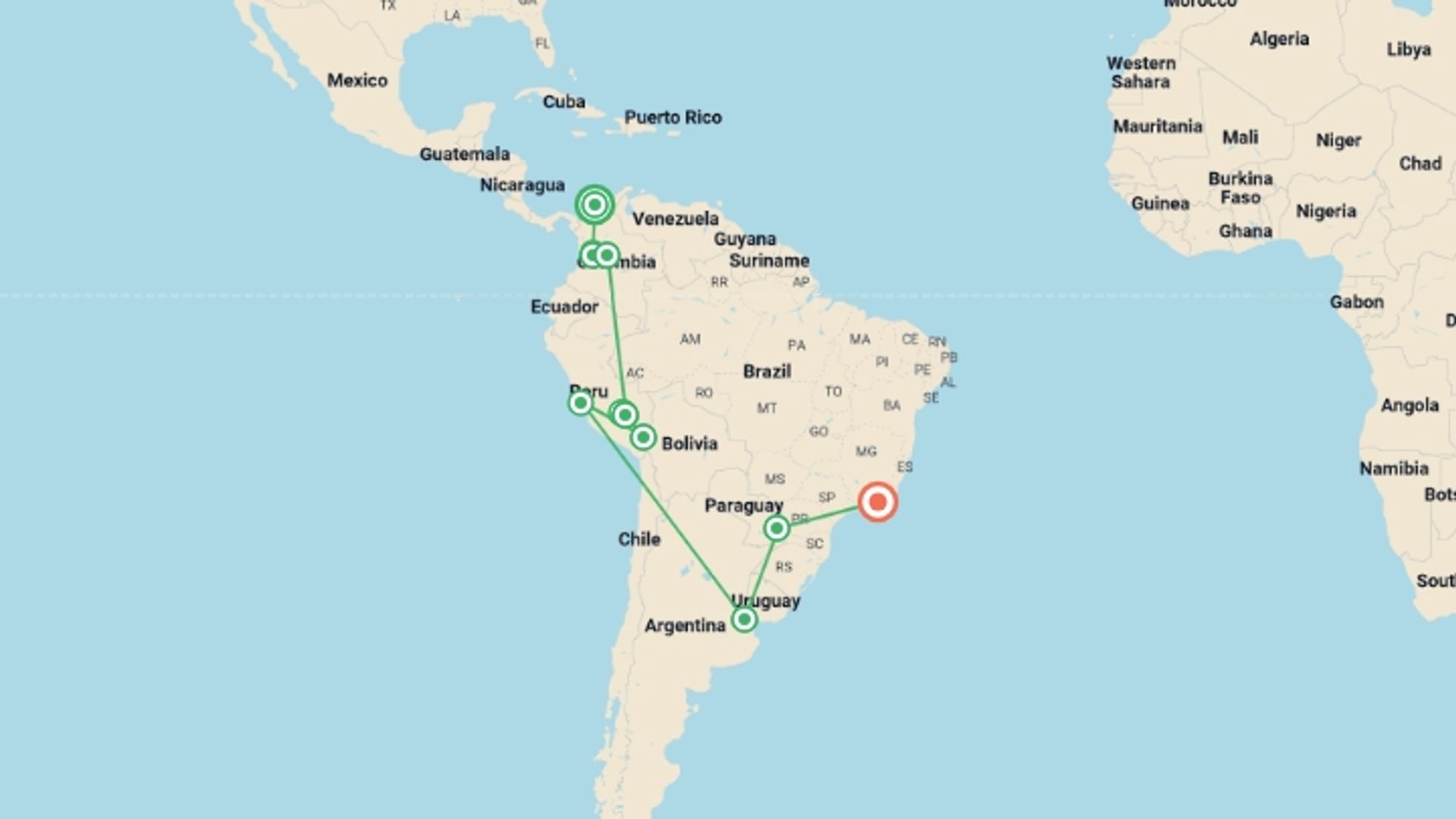 A map showing the tour itinerary for the trip: Grand South America, starting in Cartagena, Colombia and ending in Rio de Janeiro, Brazil going through 9 other destinations.