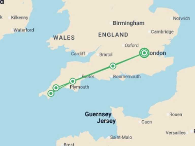 Map itinerary of Europe Tour in July 2026 with 5 destination visits for the trip: Corners of Cornwall