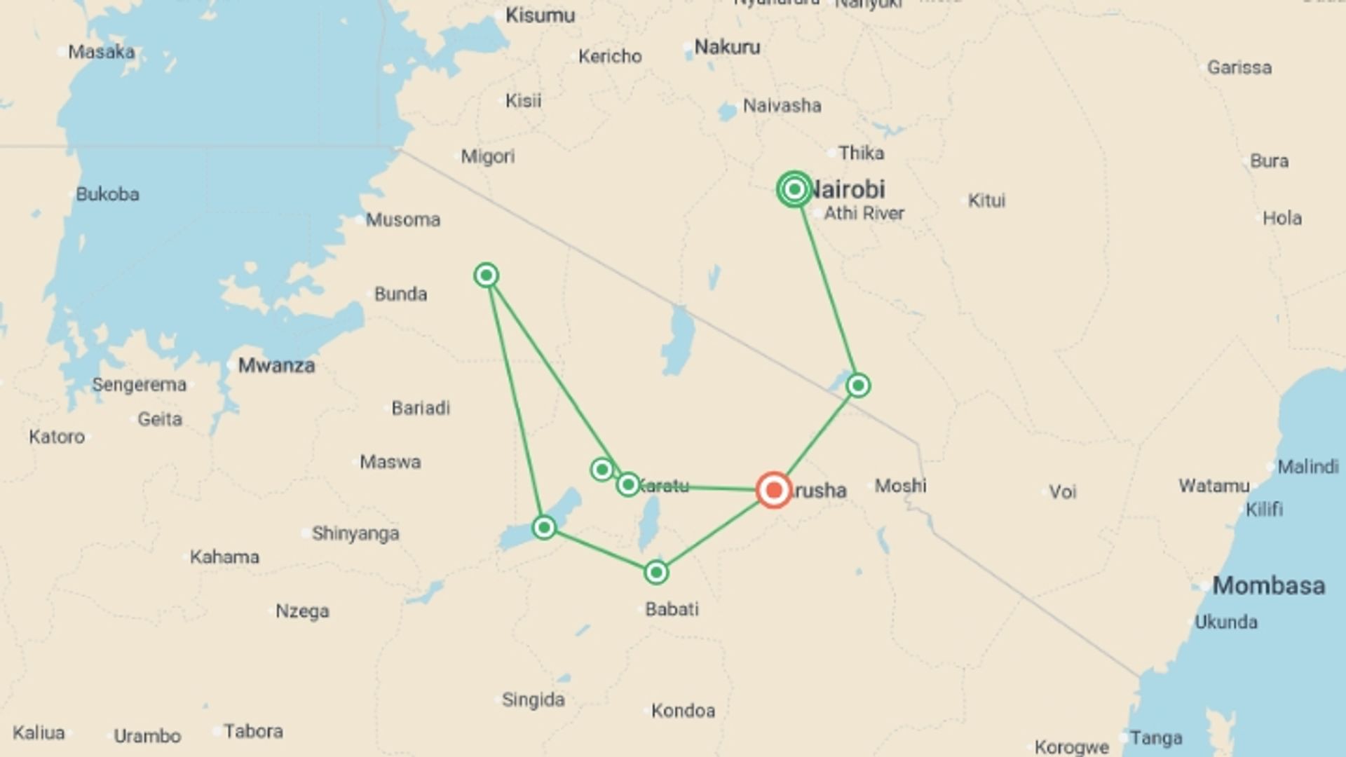 A map showing the tour itinerary for the trip: African Safari: Kenya and Tanzania , starting in Nairobi, Kenya and ending in Arusha, Tanzania going through 5 other destinations.