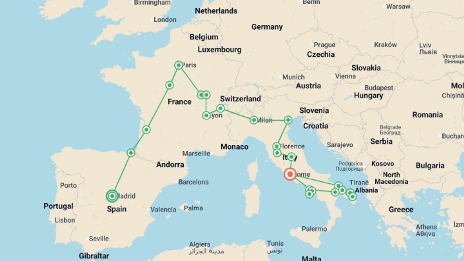 A map showing the tour itinerary for the trip: Spain and France With Unique Italy, starting in Madrid, Spain and ending in Rome, Italy going through 9 other destinations.