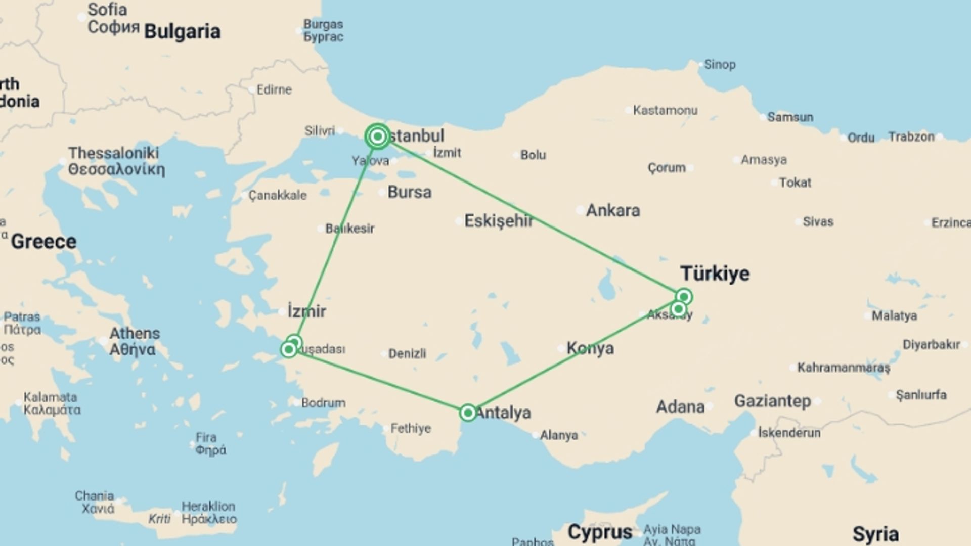 A map showing the tour itinerary for the trip: 10 Days - Turkish Breeze, starting in Istanbul, Turkey and ending in Istanbul, Turkey going through 7 other destinations.