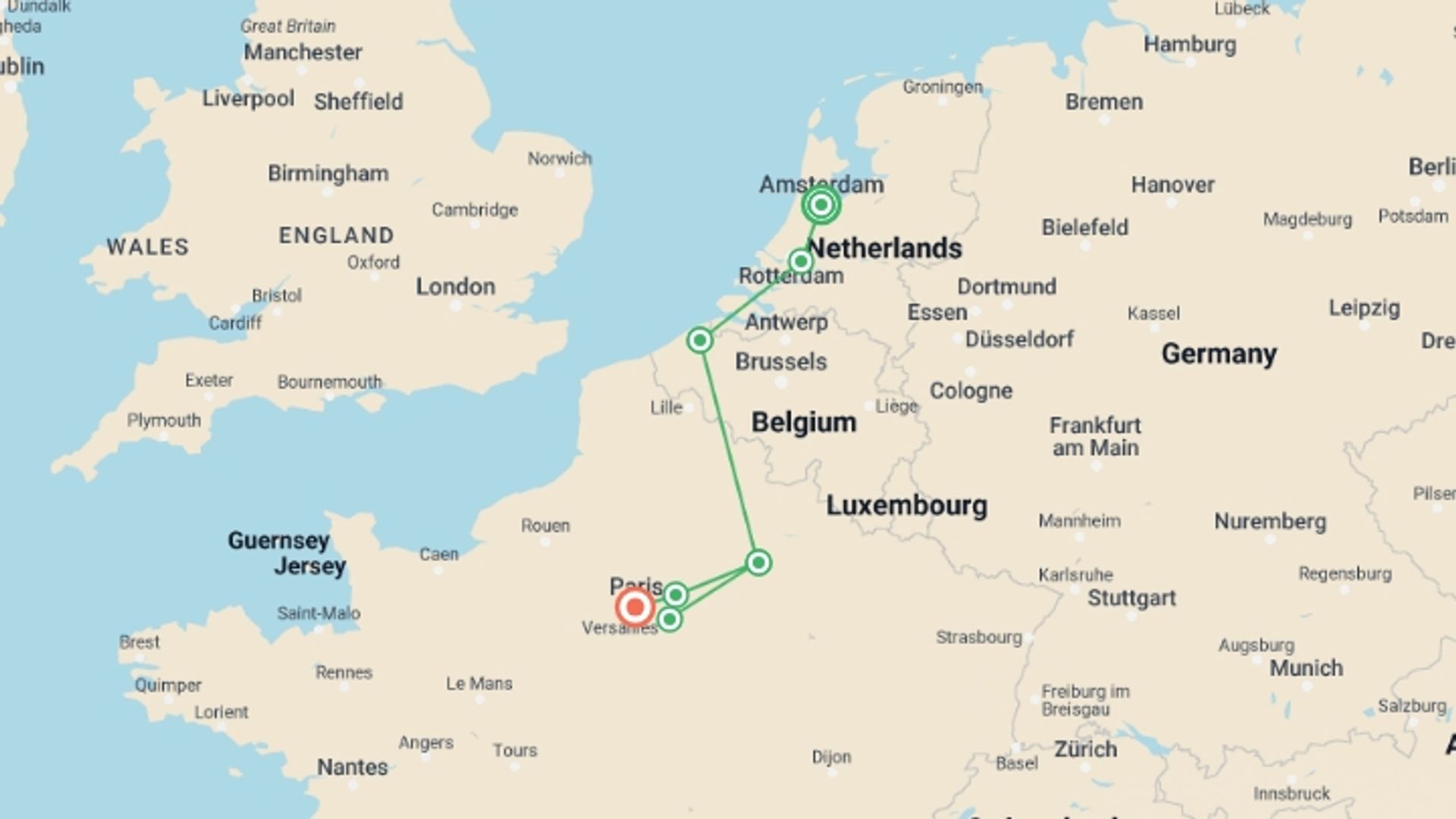 A map showing the tour itinerary for the trip: Canals, Champagne & Culture: A Journey through the Netherlands, Belgium & France , starting in Amsterdam, Holland and ending in Paris, France going through 0 other destinations.
