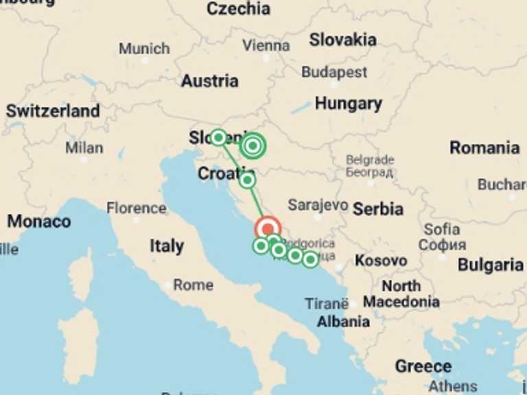 Map itinerary of Balkans Tour in June 2026 with 9 destination visits for the trip: Discover Croatia & Slovenia By Land And Sea (multi Country)