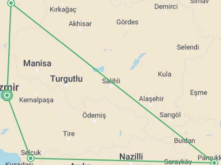 Map of Pamukkale Tour with 5 destination visits for the trip: 5 Days - Seven Churches Of Revelation