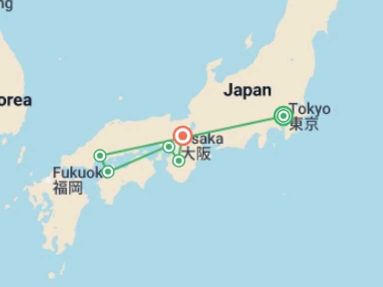 Map itinerary of Japan Tour in Spring with 7 destination visits for the trip: Capitals of Japan end Kyoto