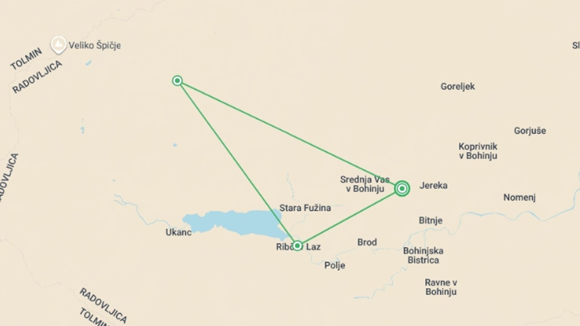 A map showing the tour itinerary for the trip: Lake Bled and Lake Bohinj Walk, starting in Bohinj, Slovenia and ending in Bohinj, Slovenia going through 2 other destinations.