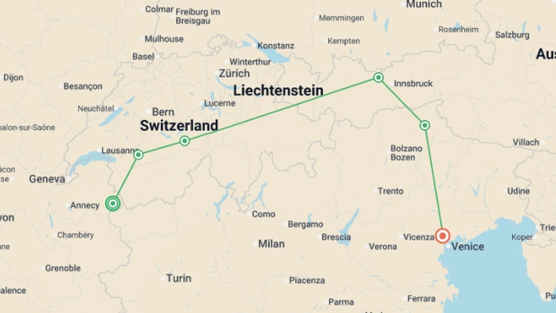 A map showing the tour itinerary for the trip: Peaks of Europe:The Alps toThe Dolomites, starting in Chamonix, France and ending in Mogliano Veneto, Italy going through 6 other destinations.