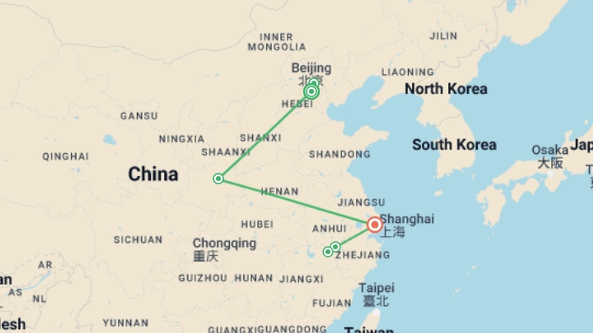 A map showing the tour itinerary for the trip: North China Getaway, starting in Beijing, China and ending in Shanghai, China going through 4 other destinations.