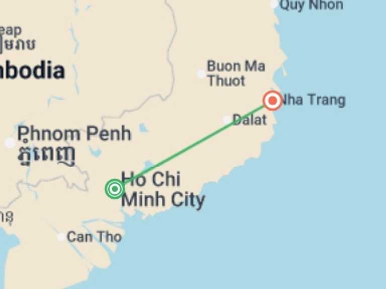 Map itinerary of South East Asia Tour in March 2026 with 2 destination visits for the trip: Saigon & Sand Dunes (Deluxe) - 8 days