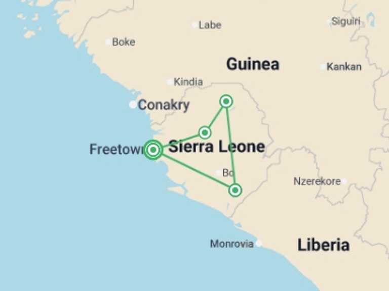Map itinerary of Africa Tour in Spring with 4 destination visits for the trip: Sierra Leone Encounters