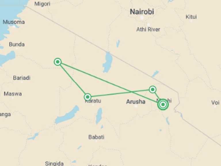 Map itinerary of Tanzania Tour in April 2027 with 4 destination visits for the trip: Four-Day Tanzania Safari: Serengeti & Ngorongoro