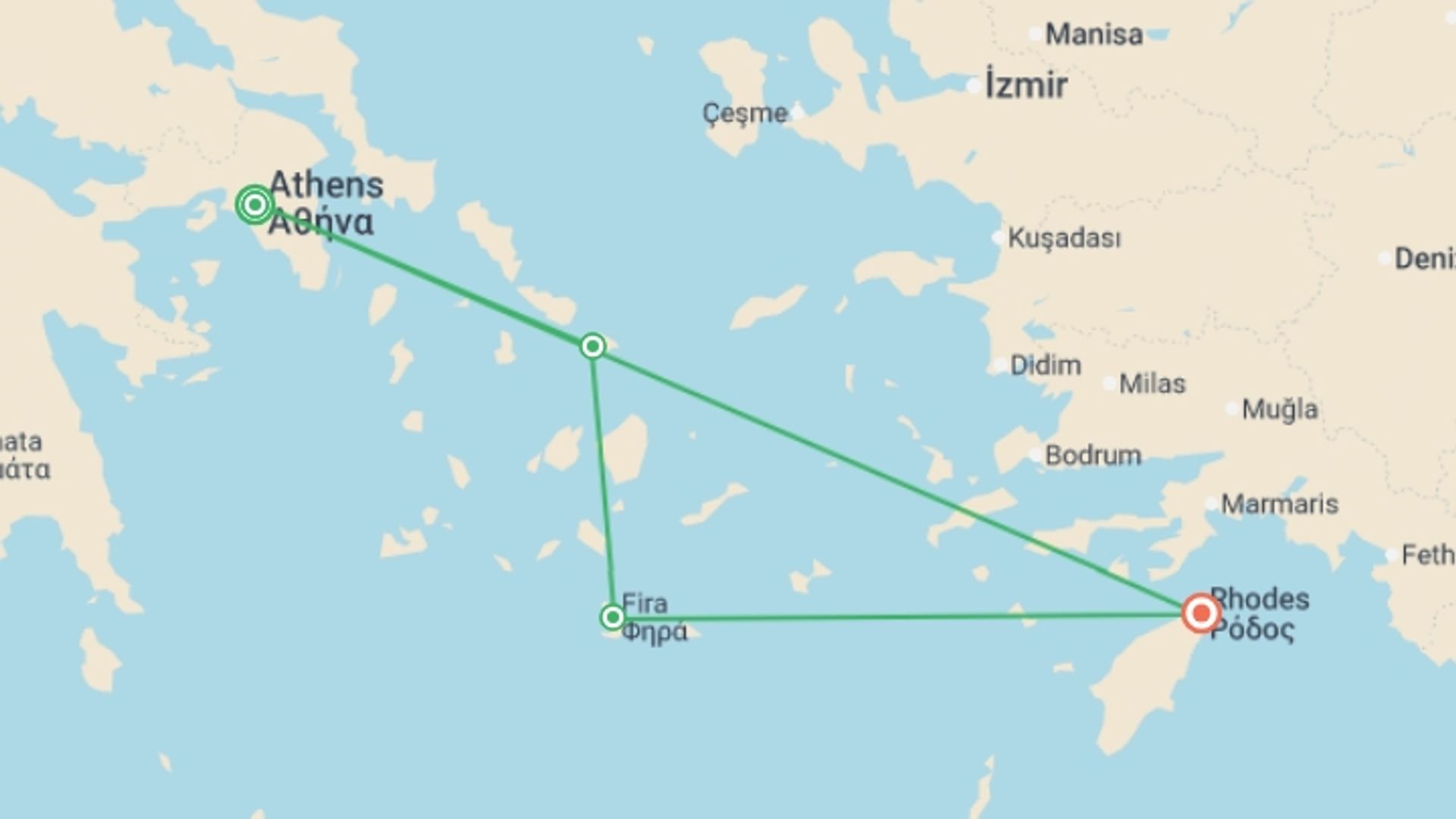 A map showing the tour itinerary for the trip: Wonders of Athens Mykonos Santorini and Rhodes, starting in Athens, Greece and ending in Rhodes, Greece going through 2 other destinations.