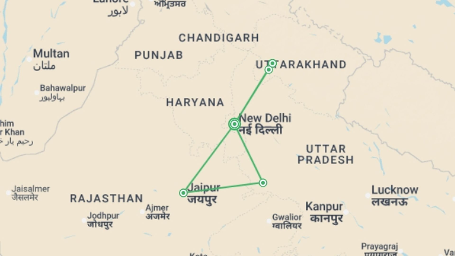 A map showing the tour itinerary for the trip: Yoga The Healing Touch, starting in New Delhi, India and ending in New Delhi, India going through 3 other destinations.