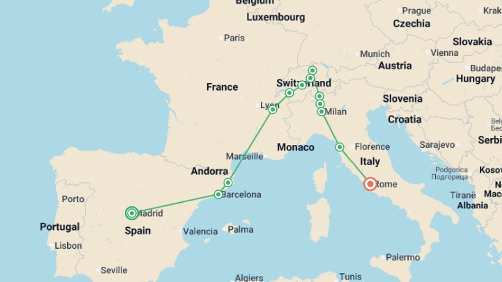 A map showing the tour itinerary for the trip: Madrid to Rome, starting in Madrid, Spain and ending in Rome, Italy going through 6 other destinations.
