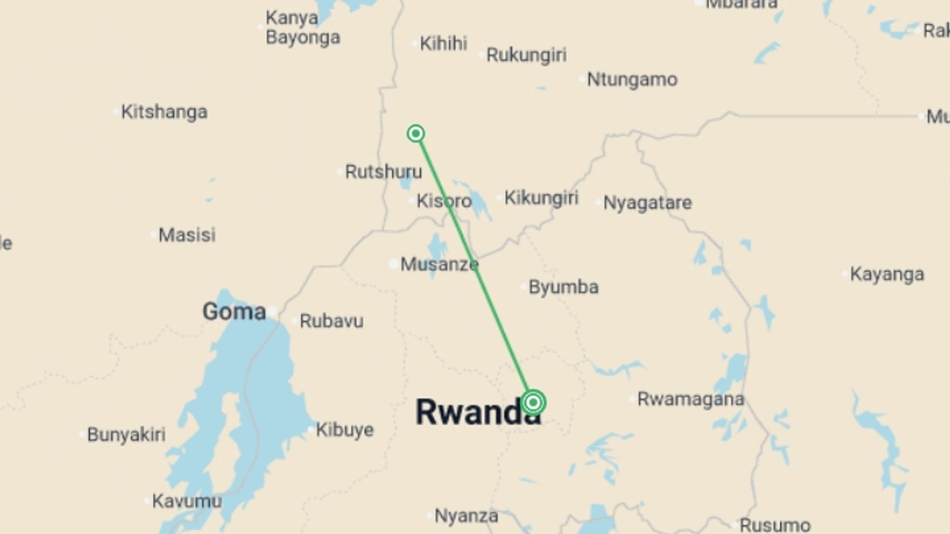 A map showing the tour itinerary for the trip: Premium Rwanda & Gorillas of Uganda, starting in Kigali, Rwanda and ending in Kigali, Rwanda going through 2 other destinations.