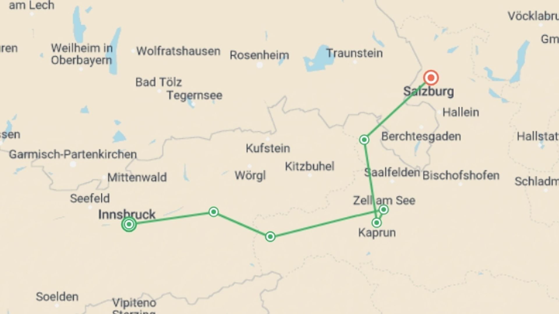 A map showing the tour itinerary for the trip: Innsbruck to Salzburg Hike & Bike, starting in Innsbruck, Austria and ending in Salzburg, Austria going through 5 other destinations.
