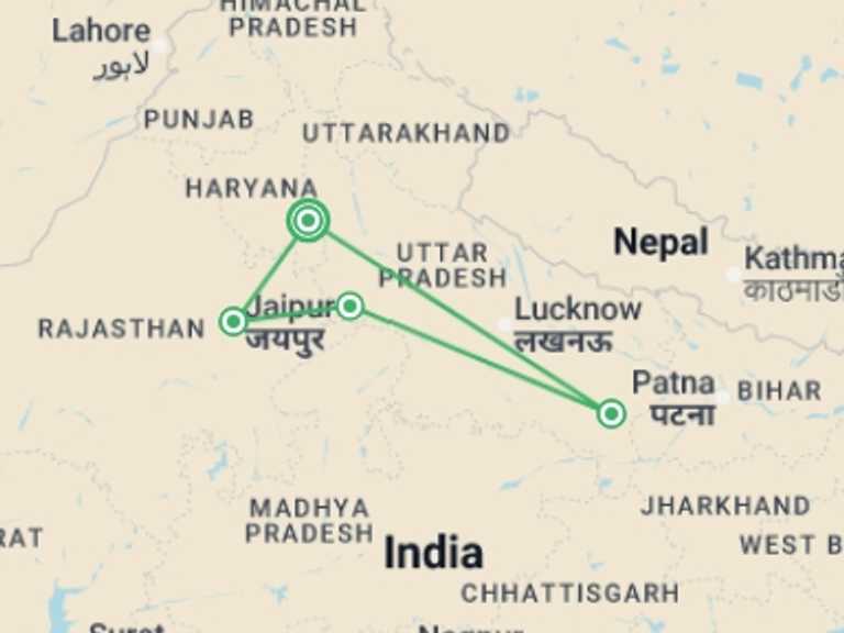 Map of New Delhi Explorer Tour with 4 destination visits for the trip: Golden Triangle & Varanasi - 7 days