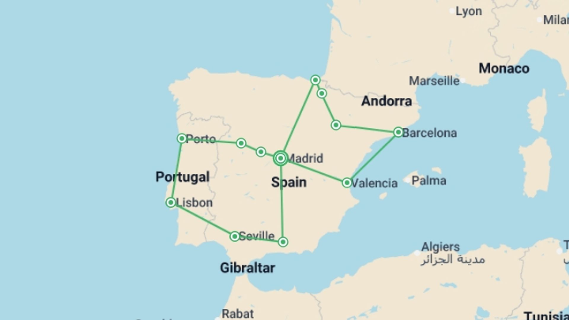 A map showing the tour itinerary for the trip: Spain & Portugal Explorer, starting in Madrid, Spain and ending in Madrid, Spain going through 9 other destinations.