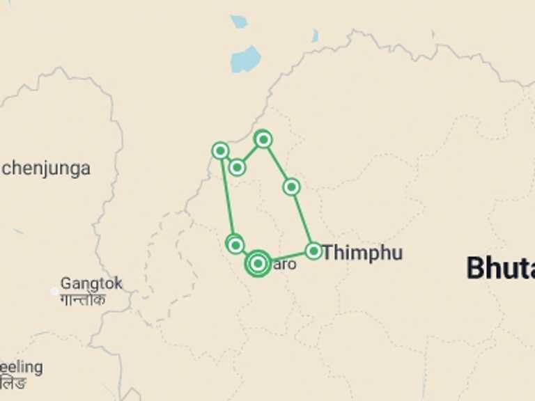Map itinerary of Bhutan Tour in April 2026 with 9 destination visits for the trip: Jomolhari Base Camp Trek