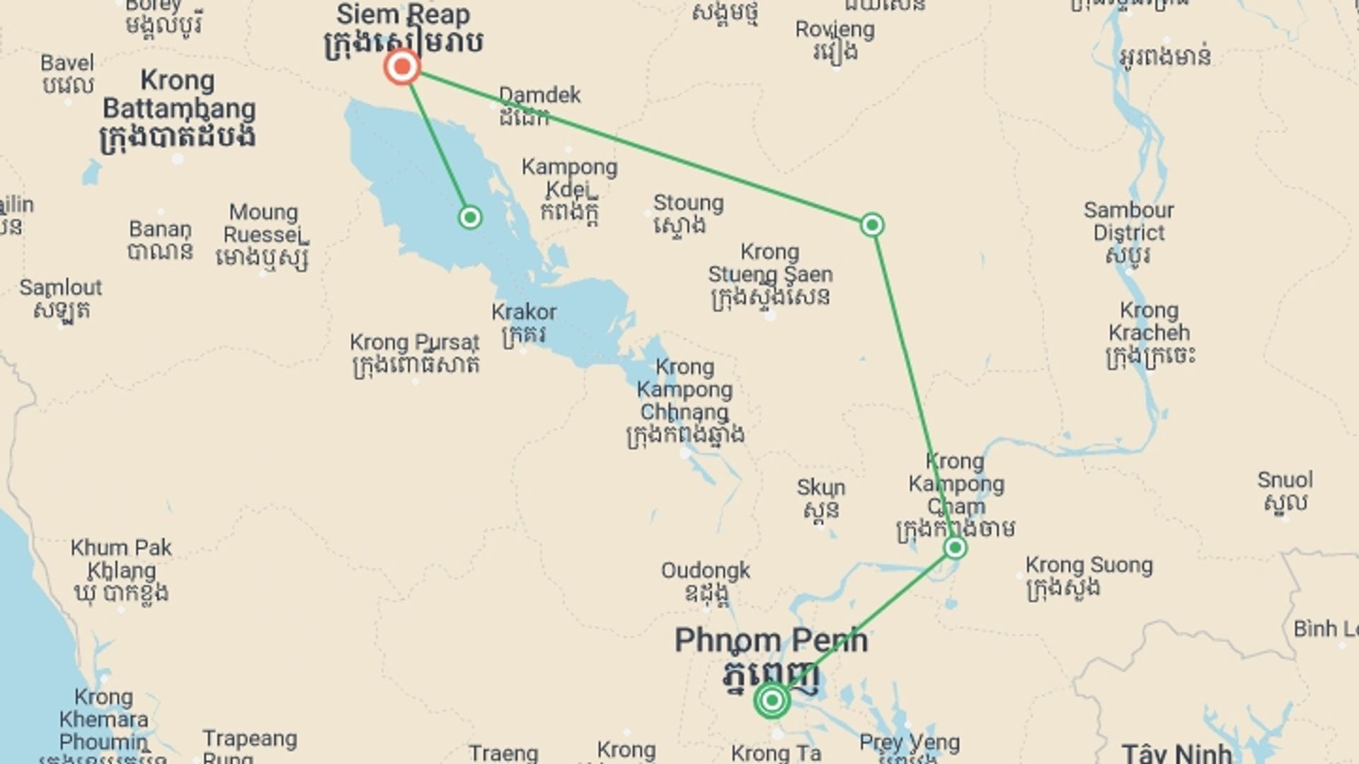 A map showing the tour itinerary for the trip: Cambodia Discovery Small Group Tour, starting in Phnom Penh, Cambodia and ending in Siem Reap, Cambodia going through 2 other destinations.