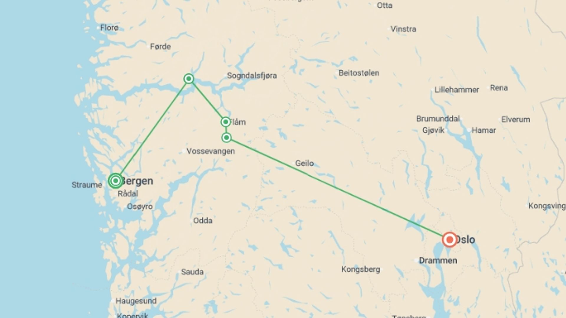 A map showing the tour itinerary for the trip: Magic of Norwegian Fjords, starting in Bergen, Norway and ending in Oslo, Norway going through 1 other destinations.