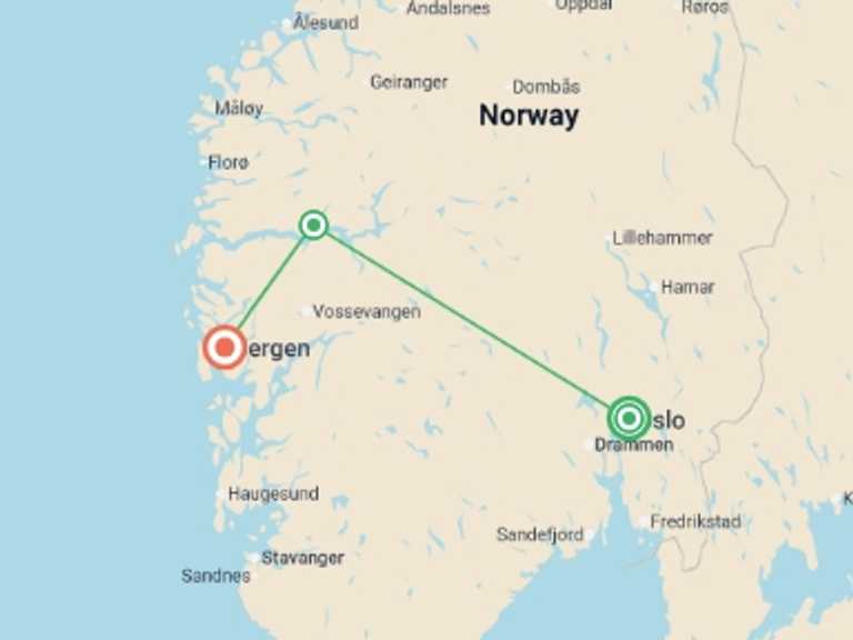 Map of Europe Tour with 3 destination visits for the trip: Oslo to Bergen (3 Star) - 7 days