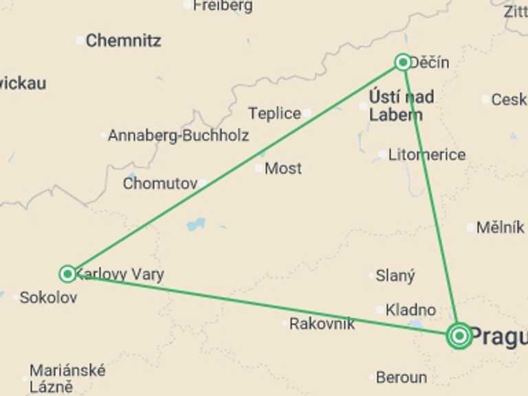 Map itinerary of Europe Tour in Spring with 3 destination visits for the trip: Prague Short Break: City & Beyond