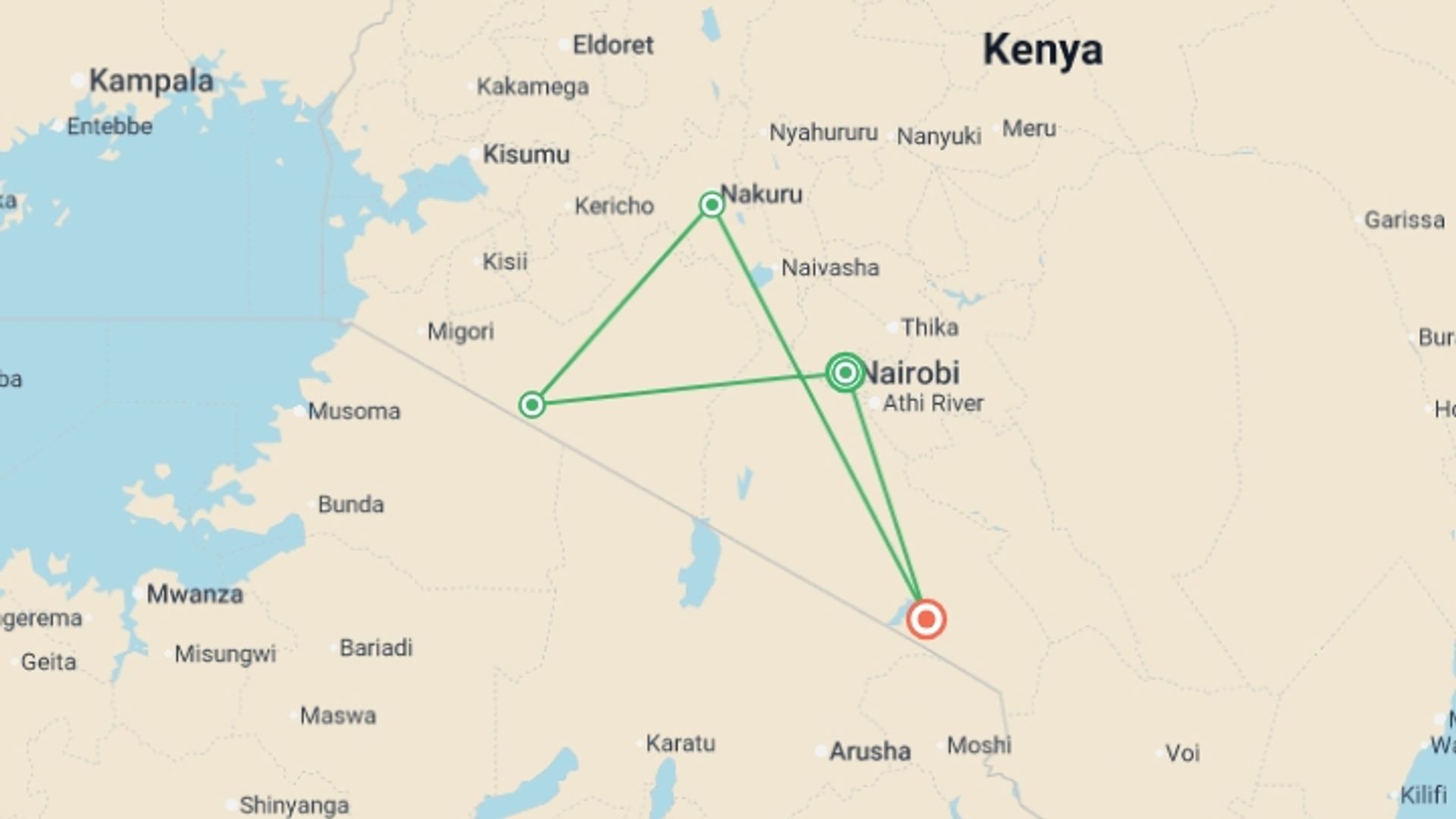 A map showing the tour itinerary for the trip: Classic Kenya Safari, starting in Nairobi, Kenya and ending in Amboseli National Park, Kenya going through 3 other destinations.