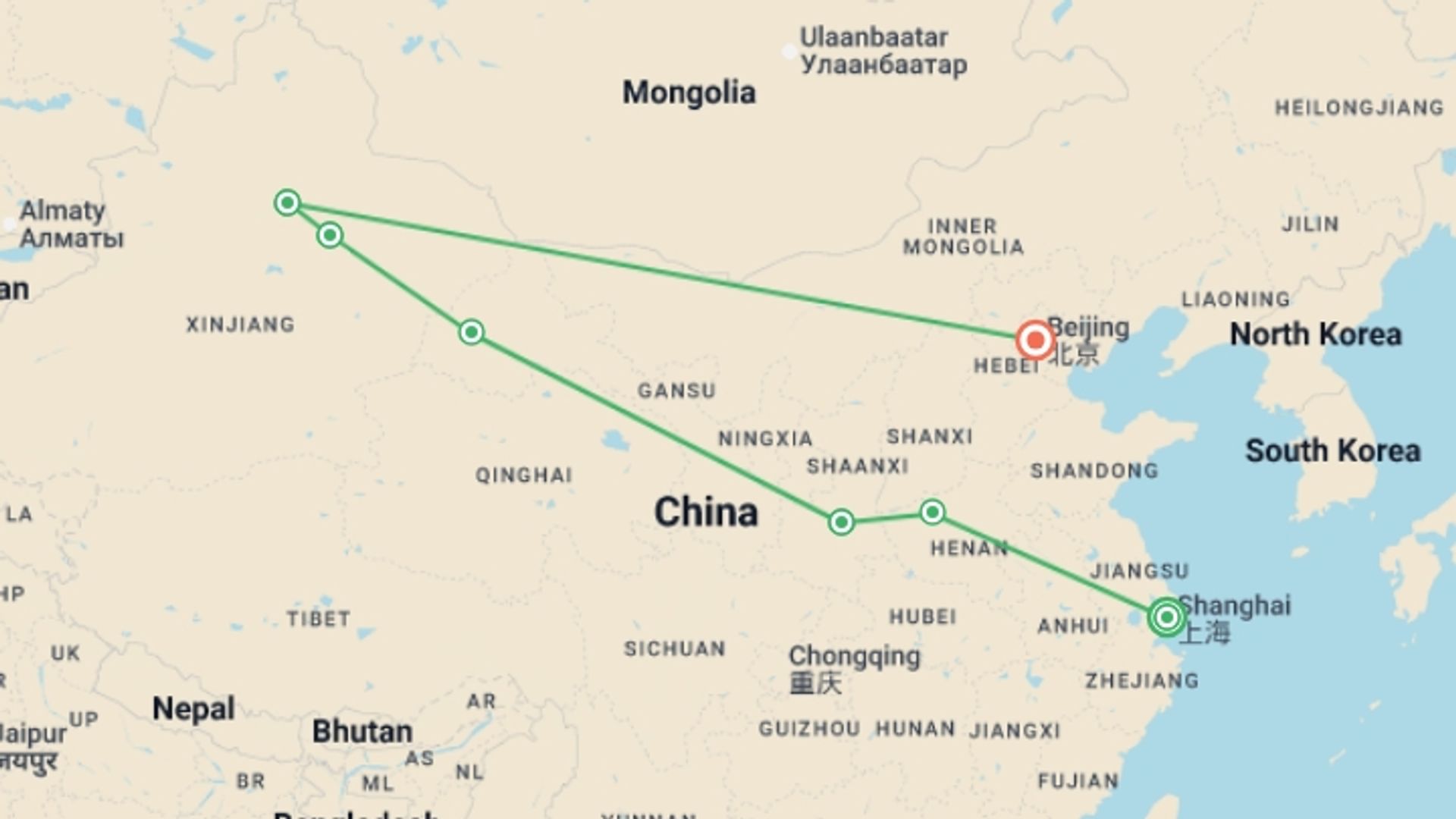 A map showing the tour itinerary for the trip: Essential China and Silk Road, starting in Shanghai, China and ending in Beijing, China going through 5 other destinations.