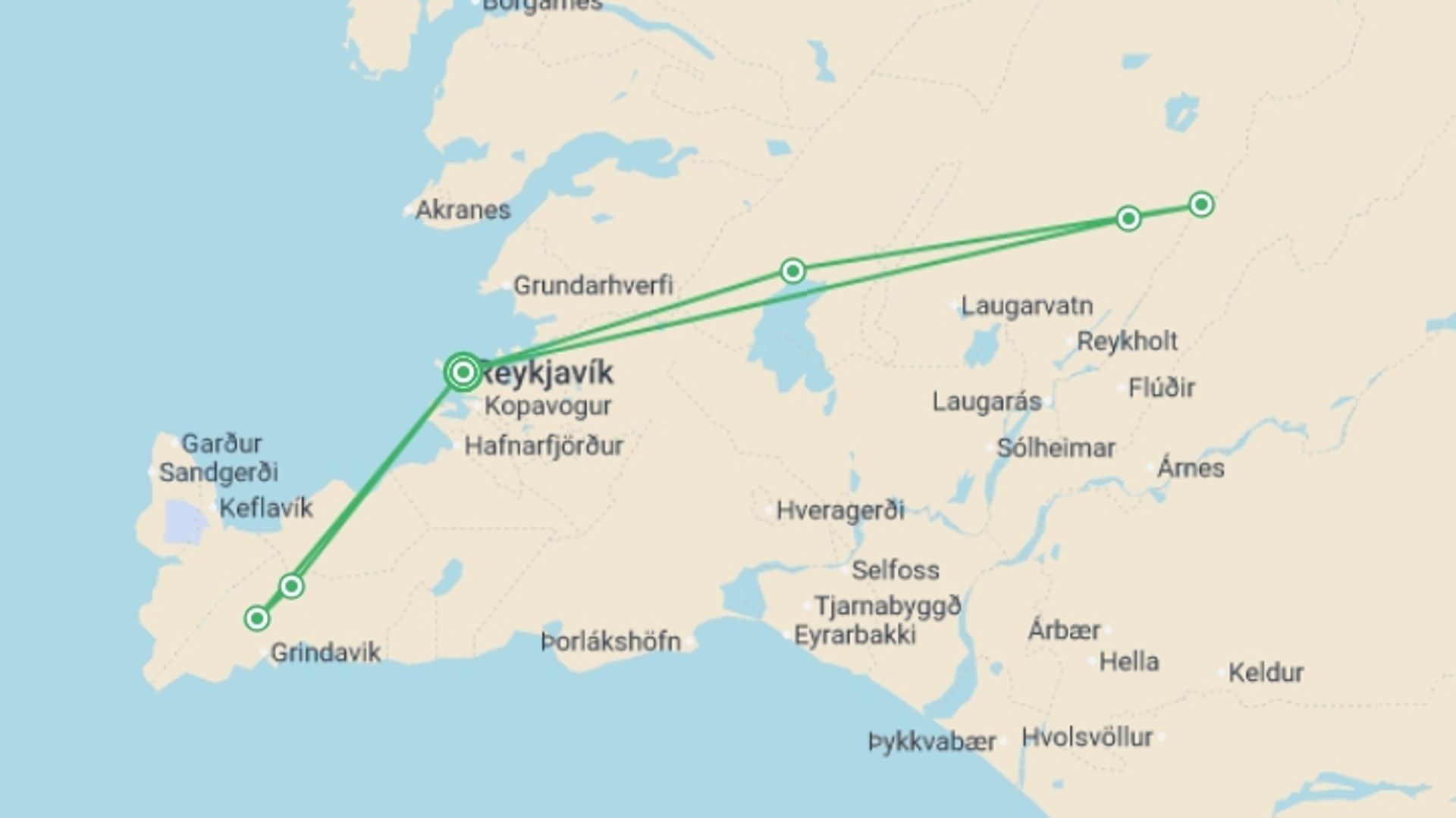 A map showing the tour itinerary for the trip: Reykjavik Iceland & Solar Eclipse at Sea (Large Group) - 5 days, starting in Reykjavik, Iceland and ending in Reykjavik, Iceland going through 0 other destinations.