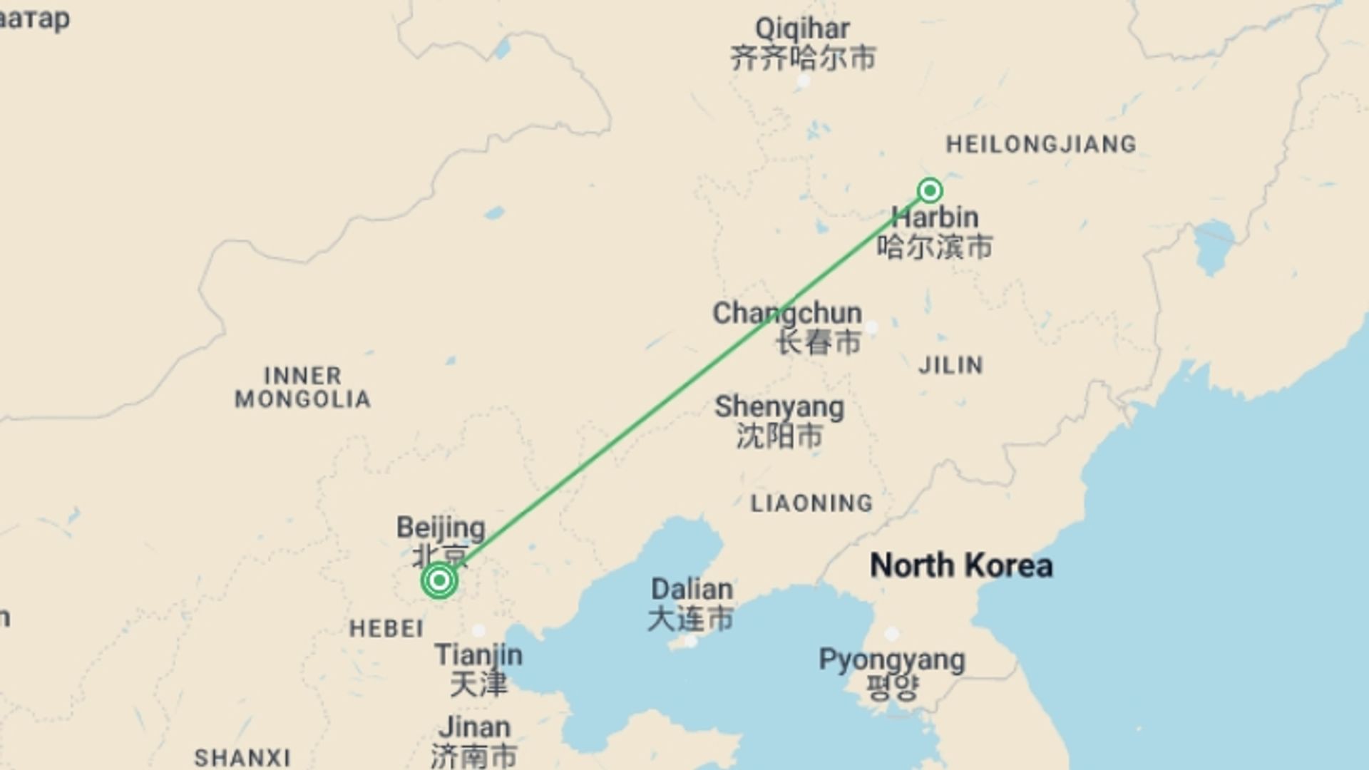 A map showing the tour itinerary for the trip: Winter Wonderland, Private Tour, starting in Beijing, China and ending in Beijing, China going through 1 other destinations.