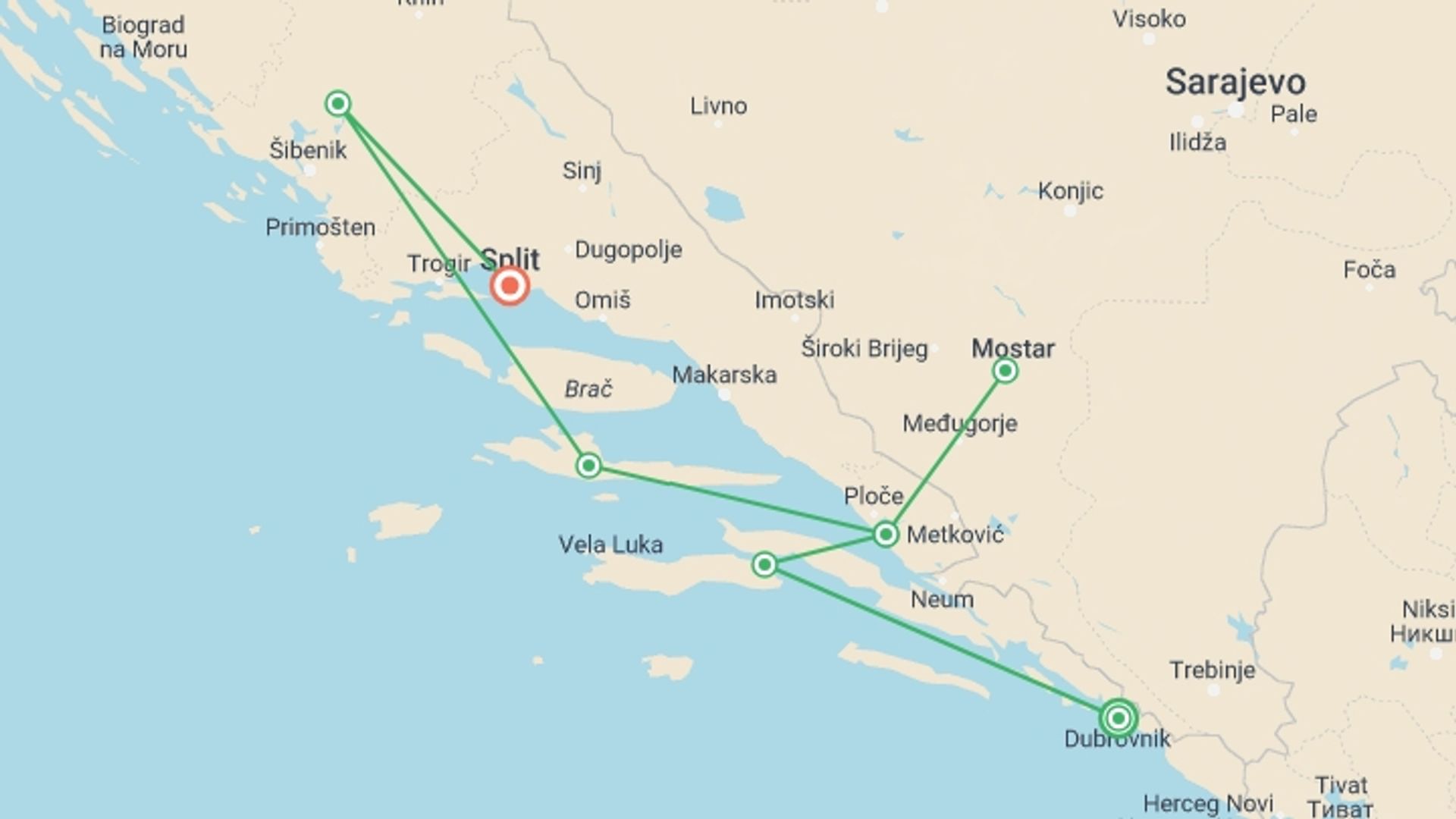 A map showing the tour itinerary for the trip: Croatian Coastal Cruising: Dubrovnik to Split (Aurora), starting in Dubrovnik, Croatia and ending in Split, Croatia going through 5 other destinations.