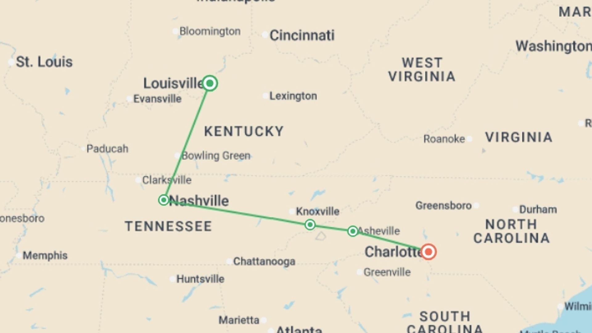 A map showing the tour itinerary for the trip: Nashville & the Smoky Mountains Holiday featuring Gatlinburg & Asheville, starting in Louisville, USA and ending in Charlotte, USA going through 4 other destinations.