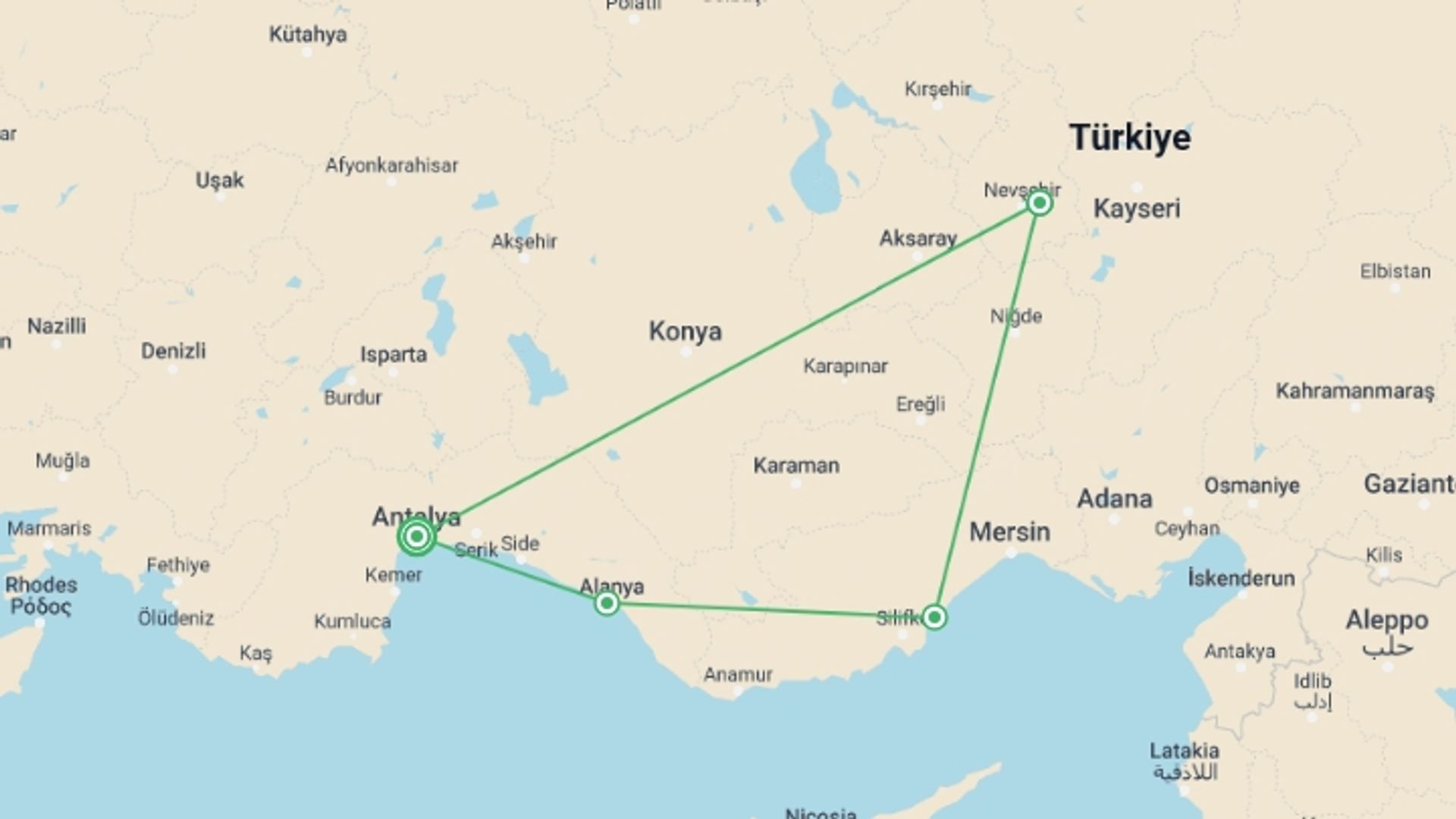 A map showing the tour itinerary for the trip: From Antalya To Cappadocia, Self-drive, starting in Antalya, Turkey and ending in Antalya, Turkey going through 3 other destinations.