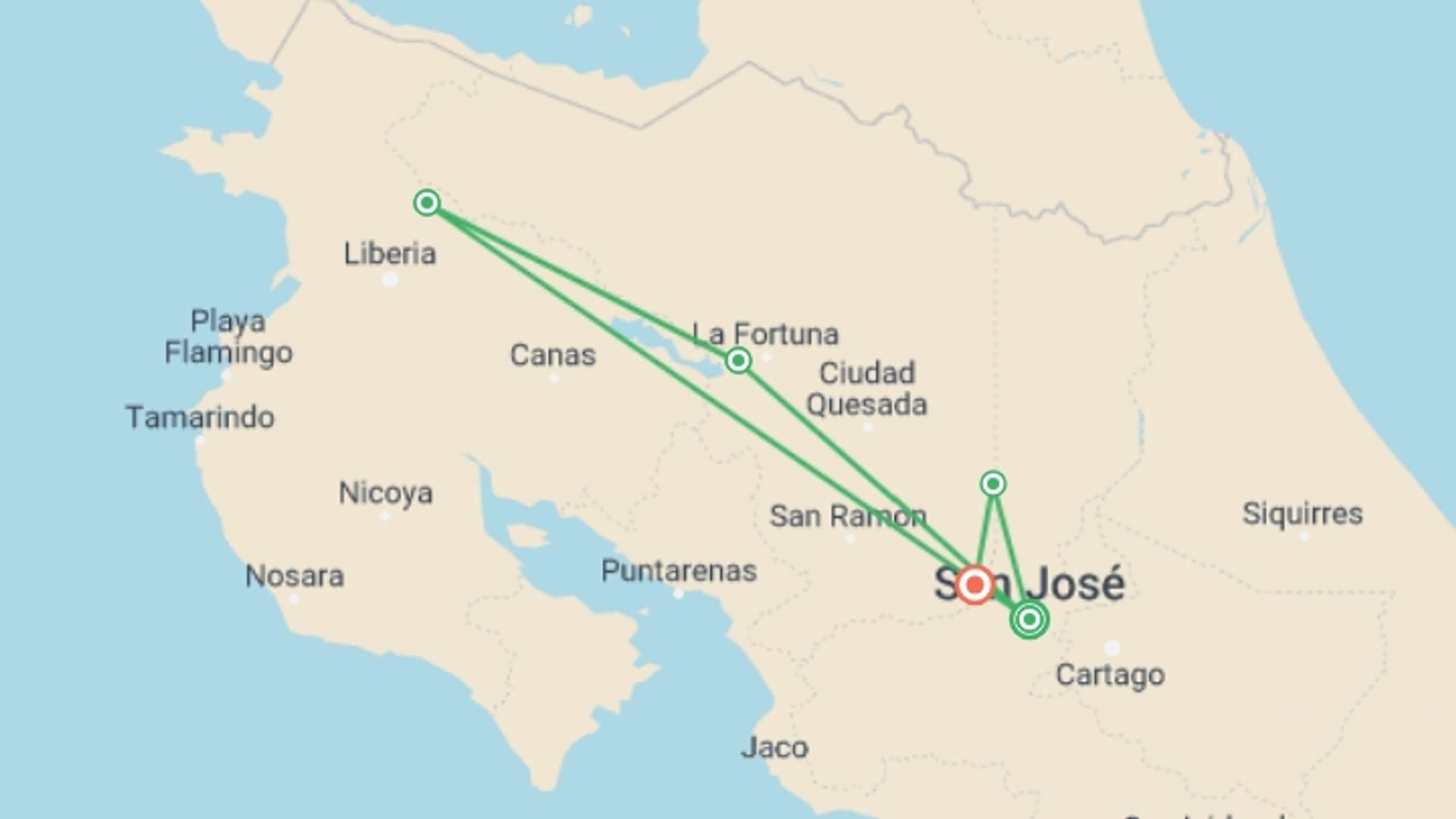 A map showing the tour itinerary for the trip: Volcanoes Adventure, starting in San Jose, Costa Rica and ending in Juan Santamaria, Costa Rica going through 6 other destinations.