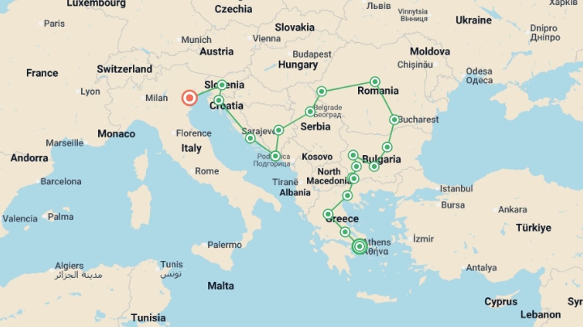 A map showing the tour itinerary for the trip: Balkan Extravaganza, starting in Athens, Greece and ending in Venice, Italy going through 14 other destinations.