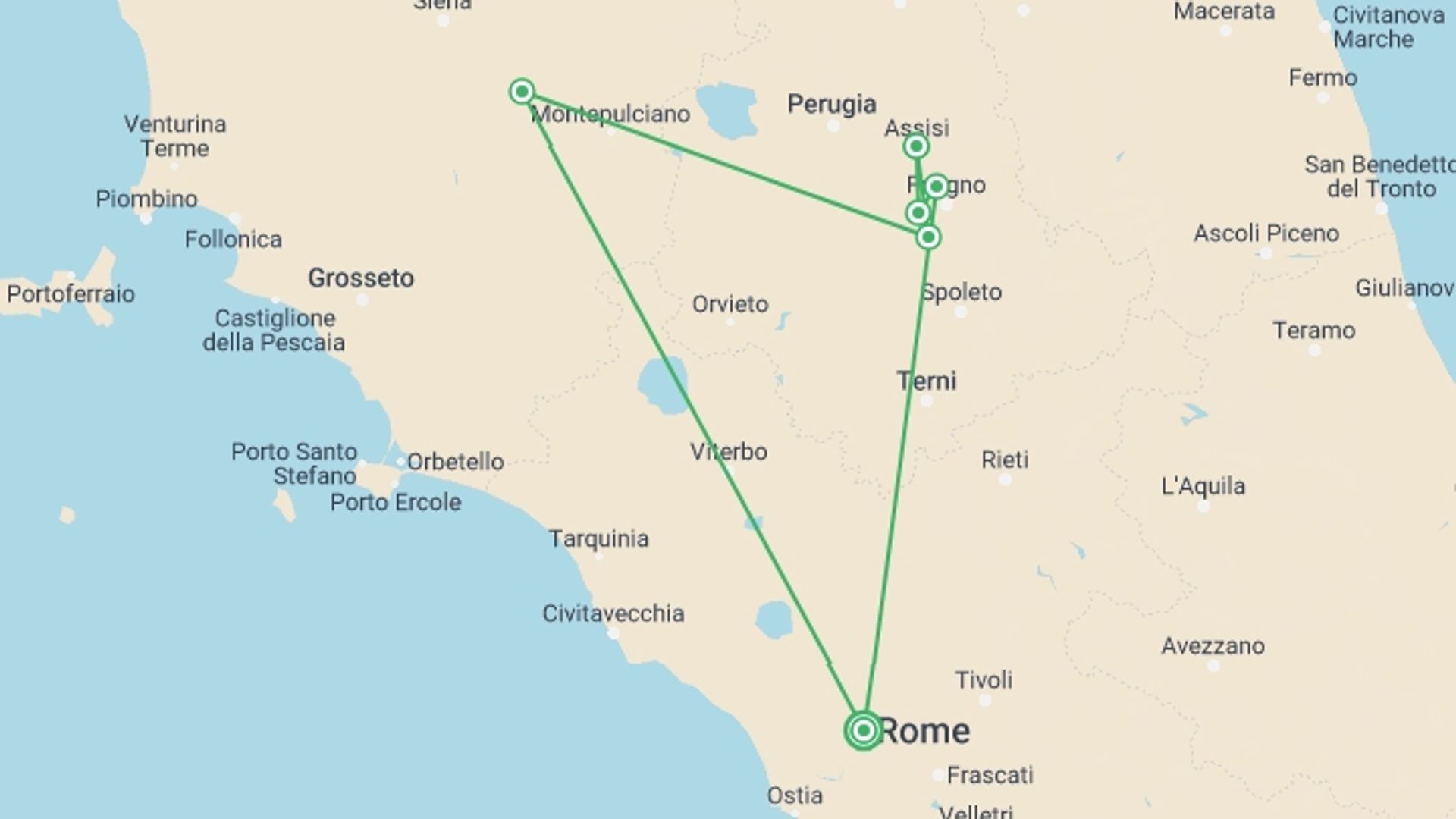 A map showing the tour itinerary for the trip: Walking in Rome, Assisi and Umbria - Premium Adventure, starting in Rome, Italy and ending in Rome, Italy going through 5 other destinations.