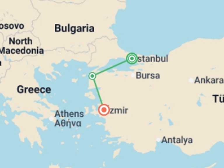 Map itinerary of Europe Tour in May 2026 with 3 destination visits for the trip: Legacy of Turkey - 6 days