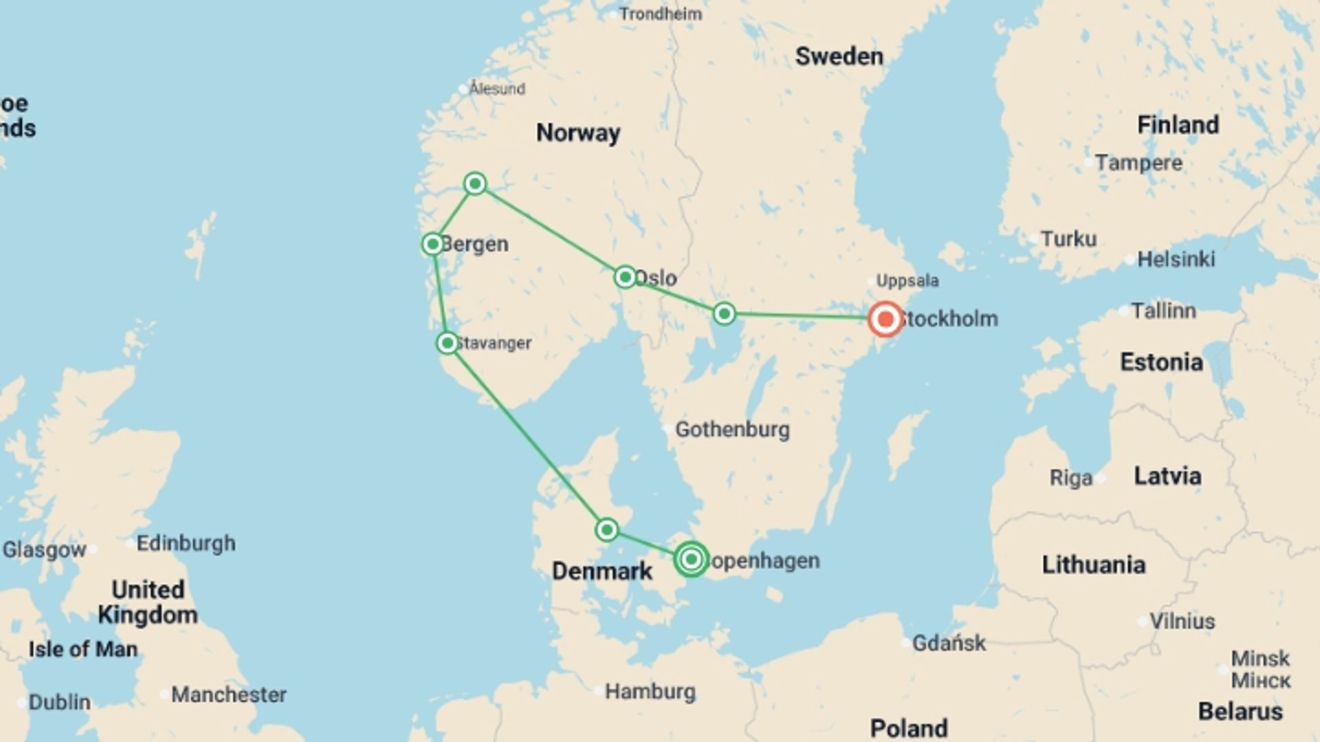 A map showing the tour itinerary for the trip: Wonders of Scandinavia, starting in Copenhagen, Denmark and ending in Stockholm, Sweden going through 6 other destinations.