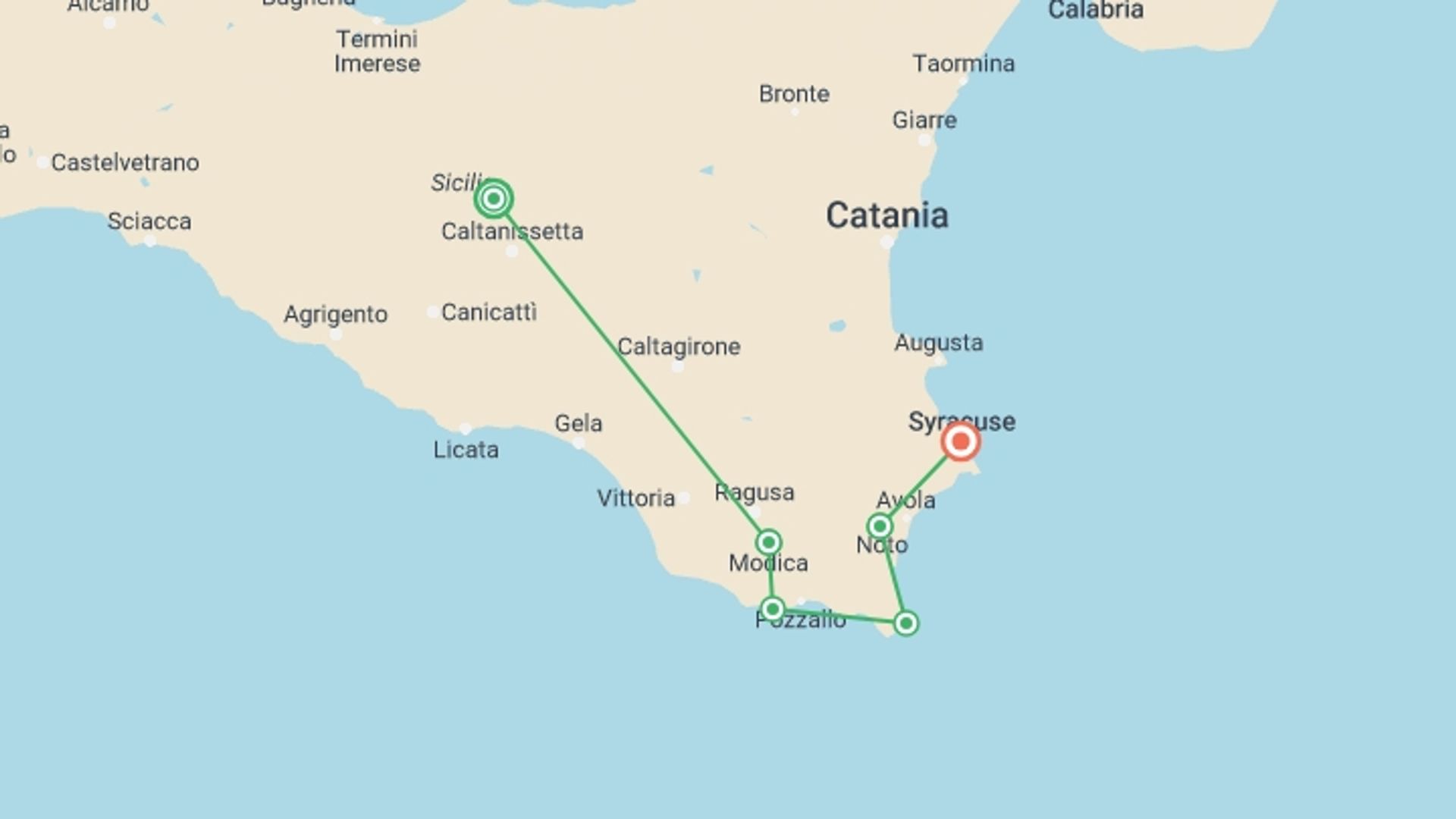 A map showing the tour itinerary for the trip: Self-Guided Cycling through Baroque Sicily, starting in Sicily, Italy and ending in Syracuse, Italy going through 4 other destinations.