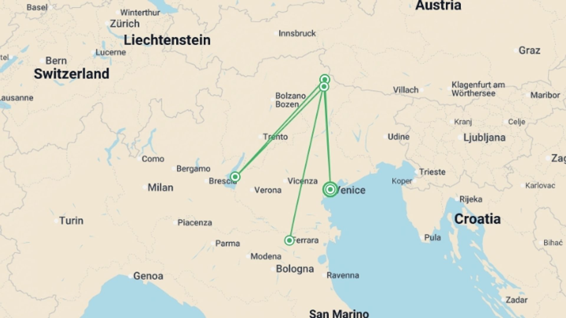 A map showing the tour itinerary for the trip: Hiking in the Dolomites, starting in Venice, Italy and ending in Venice, Italy going through 4 other destinations.