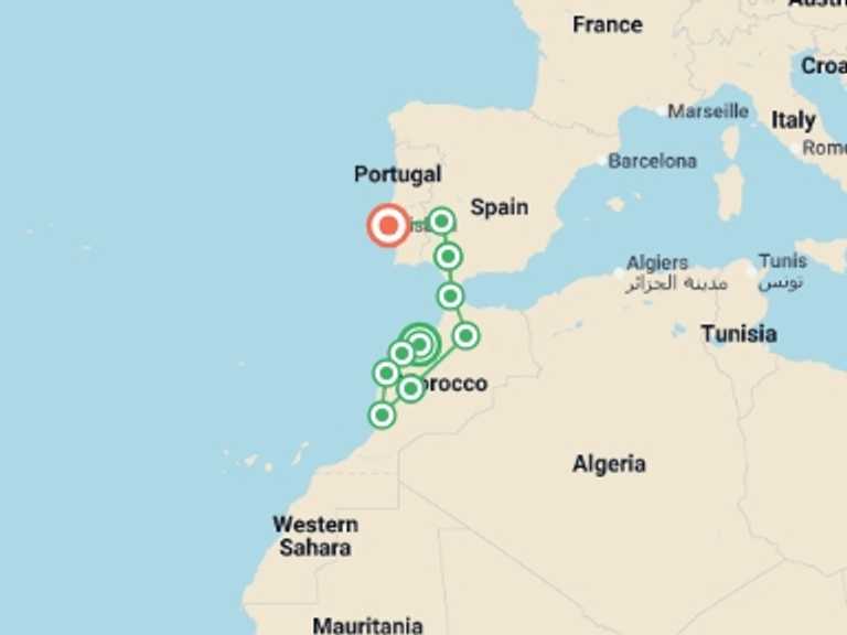 Map itinerary of Mediterranean Tour in July 2026 with 8 destination visits for the trip: Atlantic Route, From Casablanca to Lisbon