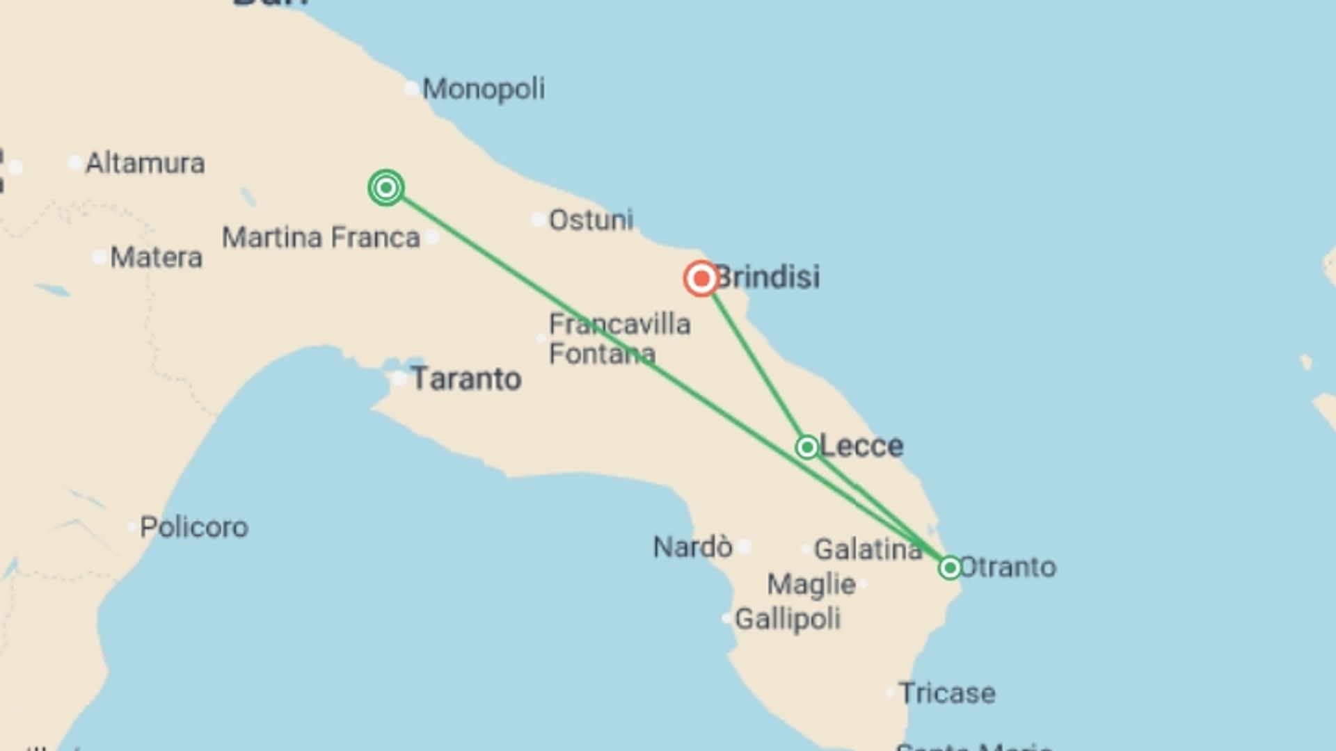 A map showing the tour itinerary for the trip: 7-day Puglia Essence: Alberobello, Otranto And Lecce, Private Tour, starting in Alberobello, Italy and ending in Lecce, Italy going through 2 other destinations.