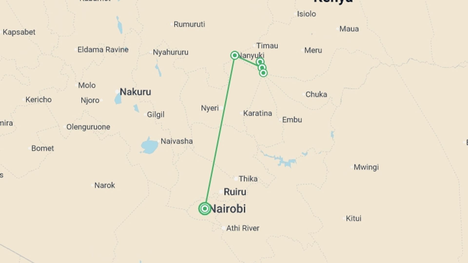 A map showing the tour itinerary for the trip: Mount Kenya Trek (Sirimon Route) 4D/3N, starting in Nairobi, Kenya and ending in Nairobi, Kenya going through 2 other destinations.