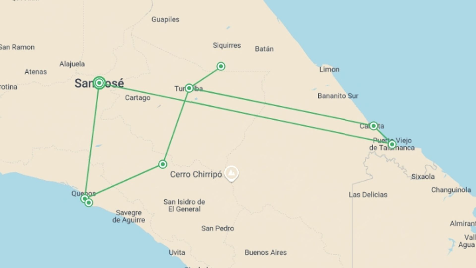 A map showing the tour itinerary for the trip: Caribbean To Pacific, starting in San Jose, Costa Rica and ending in San Jose, Costa Rica going through 6 other destinations.