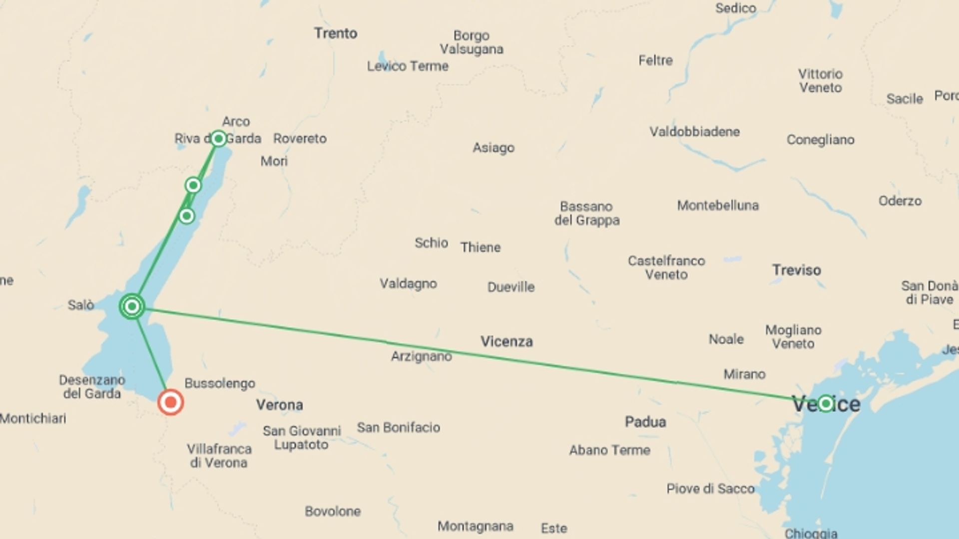A map showing the tour itinerary for the trip: Garda, Verona & Venice - 8 days, starting in Lake Garda, Italy and ending in Verona, Italy going through 1 other destinations.
