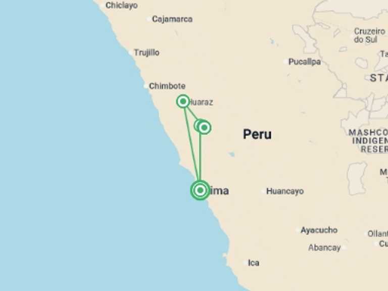 Map itinerary of Andes Tour in September 2026 with 7 destination visits for the trip: Huayhuash Circuit