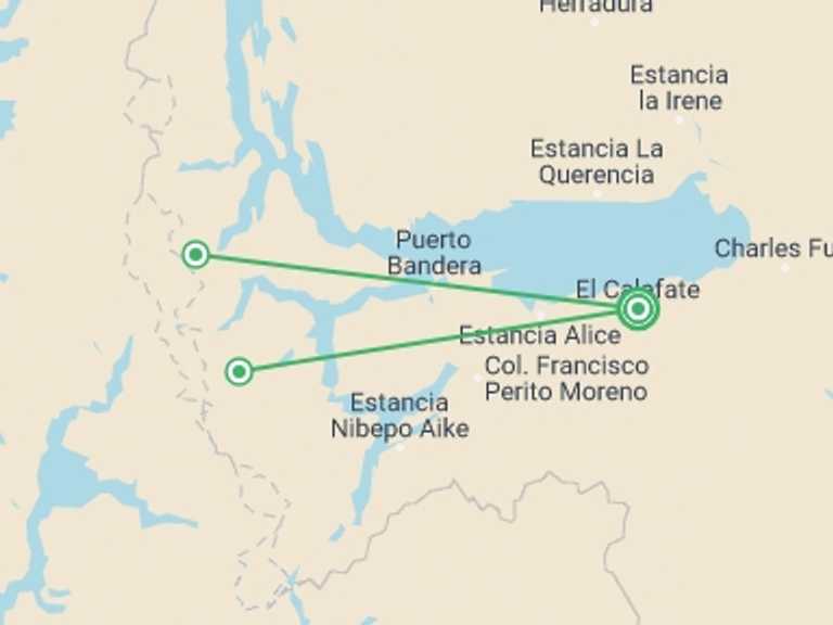 Map itinerary of Patagonia Tour in Fall with 2 destination visits for the trip: 4-Day El Calafate Luxury Tour