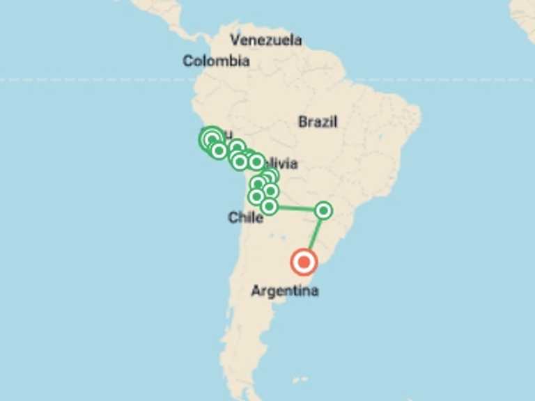 Map of South America Tour with 19 destination visits for the trip: Lima to Buenos Aires (via Salta) Travel Pass